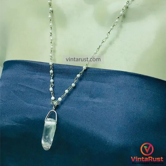 Handmade Clear Quartz Pendant Necklace with Delicate Pearl Chain, Stylish Unisex - Picture 10 of 14